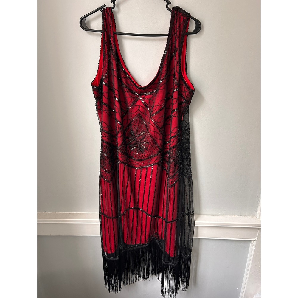 Fundaisy Red Black Sequin Flapper Dress Womens Great Gatsby 1920s Costume Fringe